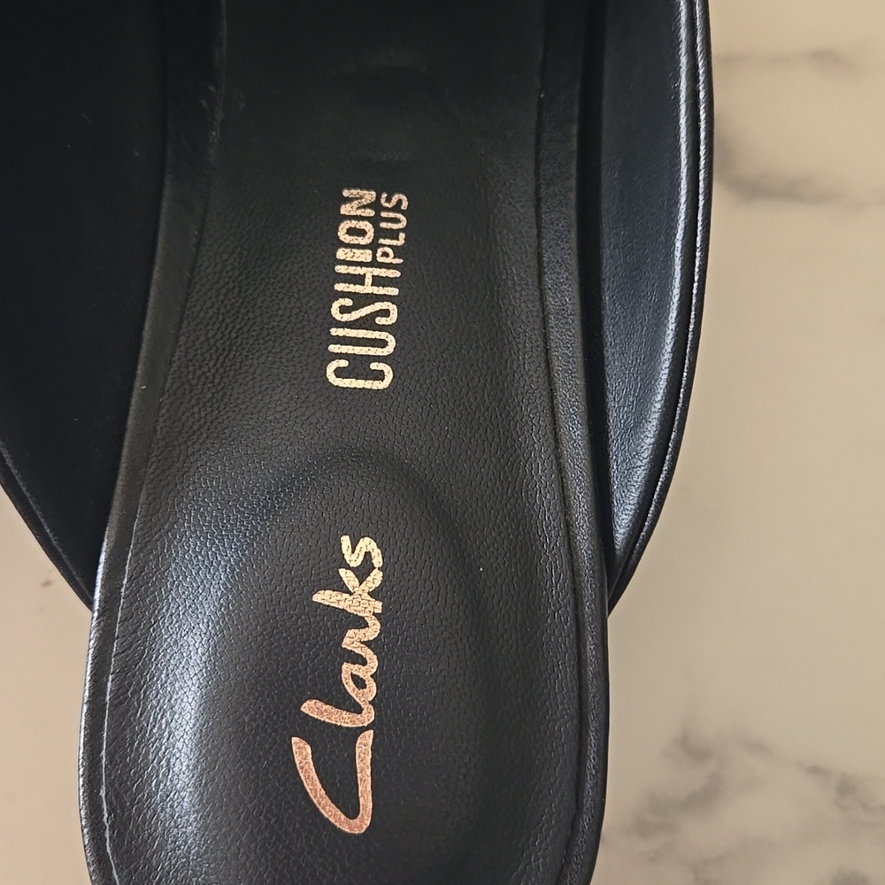 Clarks Pure Mule Black Leather Gold Studded Slip On Flats Cushion Soles Business - Picture 3 of 7